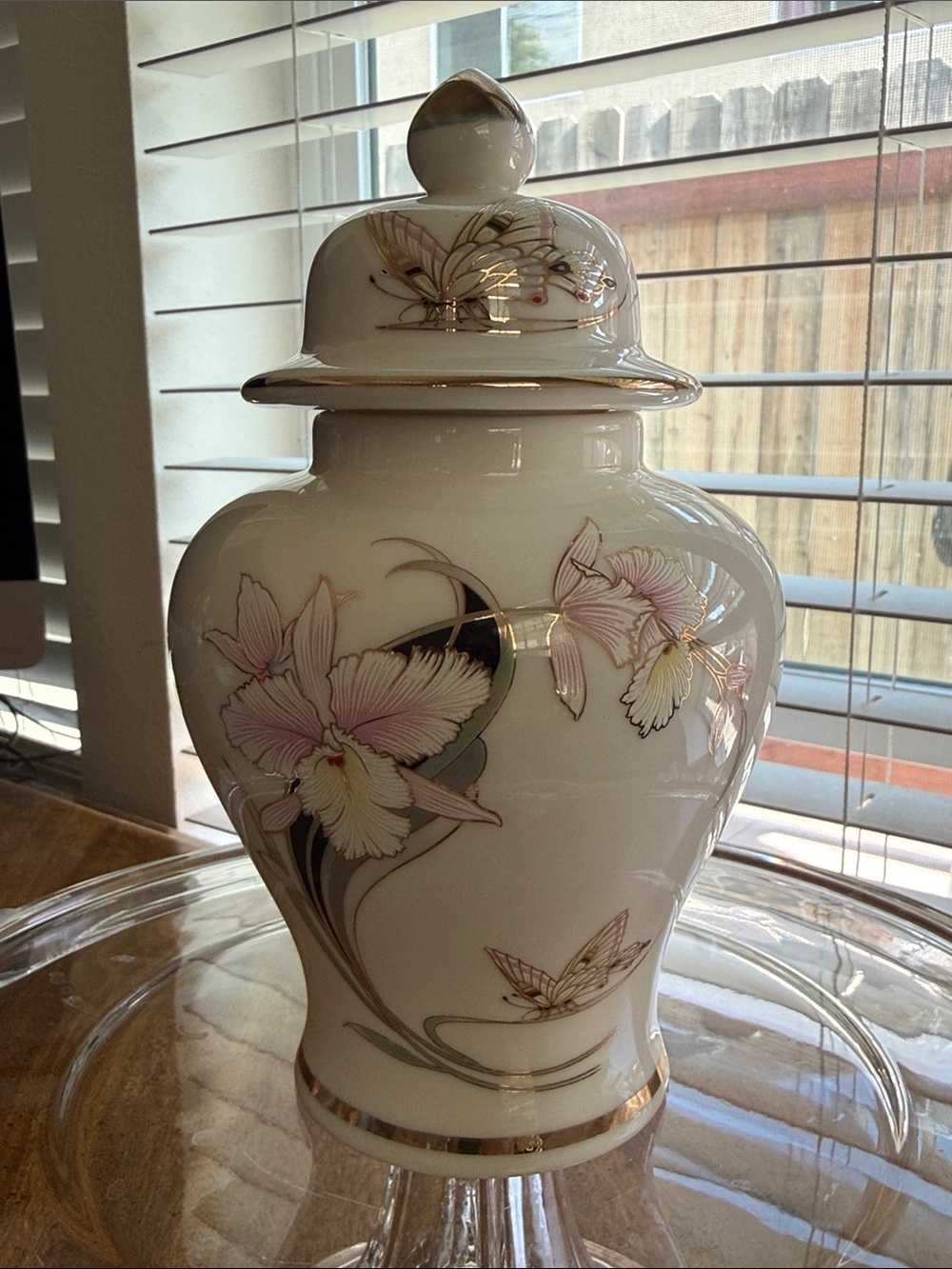 Vintage White Porcelain Lidded Vase with Pink Floral and Gold Trim
